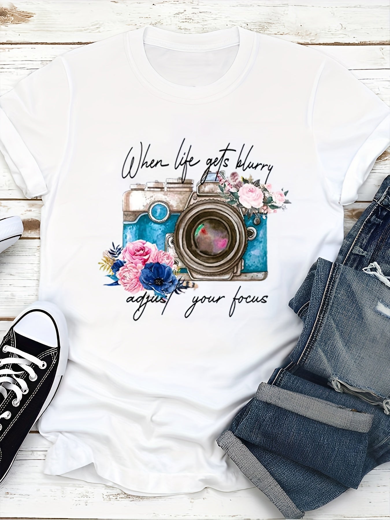 Trendy Flower Camera Print Womens T-Shirt