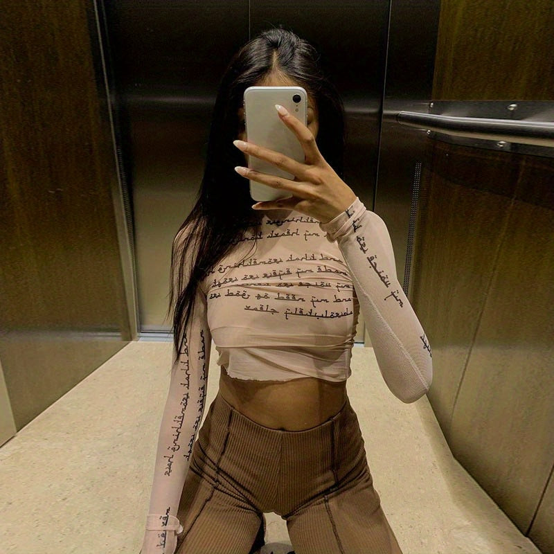 Trendy Letter Print Mesh Top
