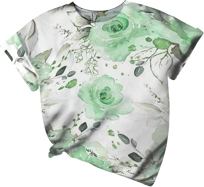 Women's Tunic Tops for Casual Flower Print Short Sleeve Crewneck T Shirt