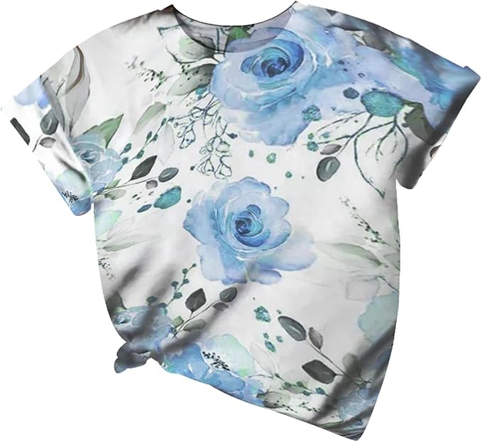 Women's Tunic Tops for Casual Flower Print Short Sleeve Crewneck T Shirt