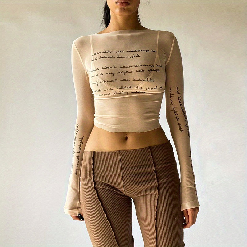 Trendy Letter Print Mesh Top