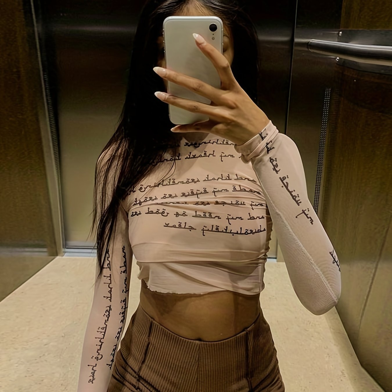 Trendy Letter Print Mesh Top