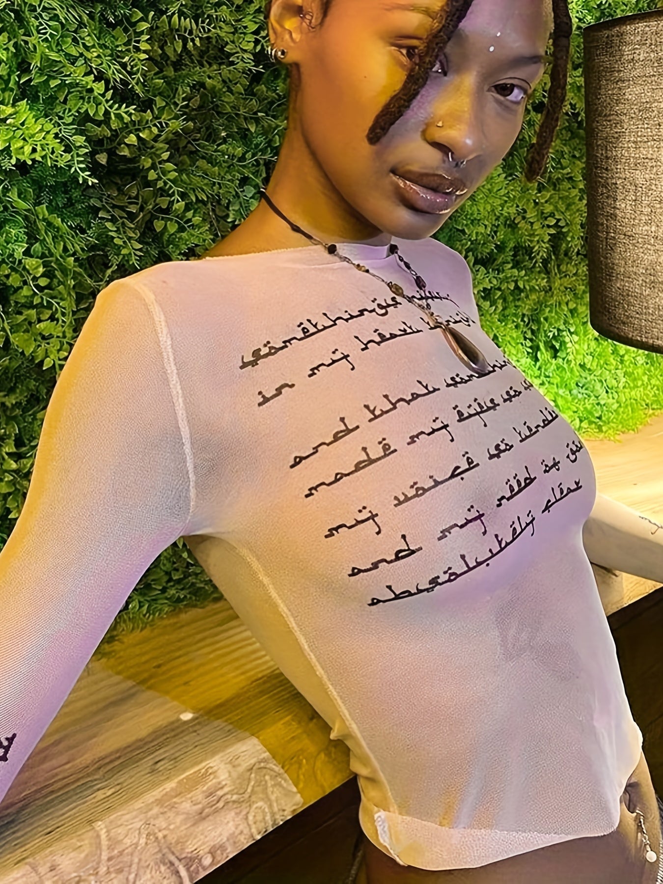 Trendy Letter Print Mesh Top