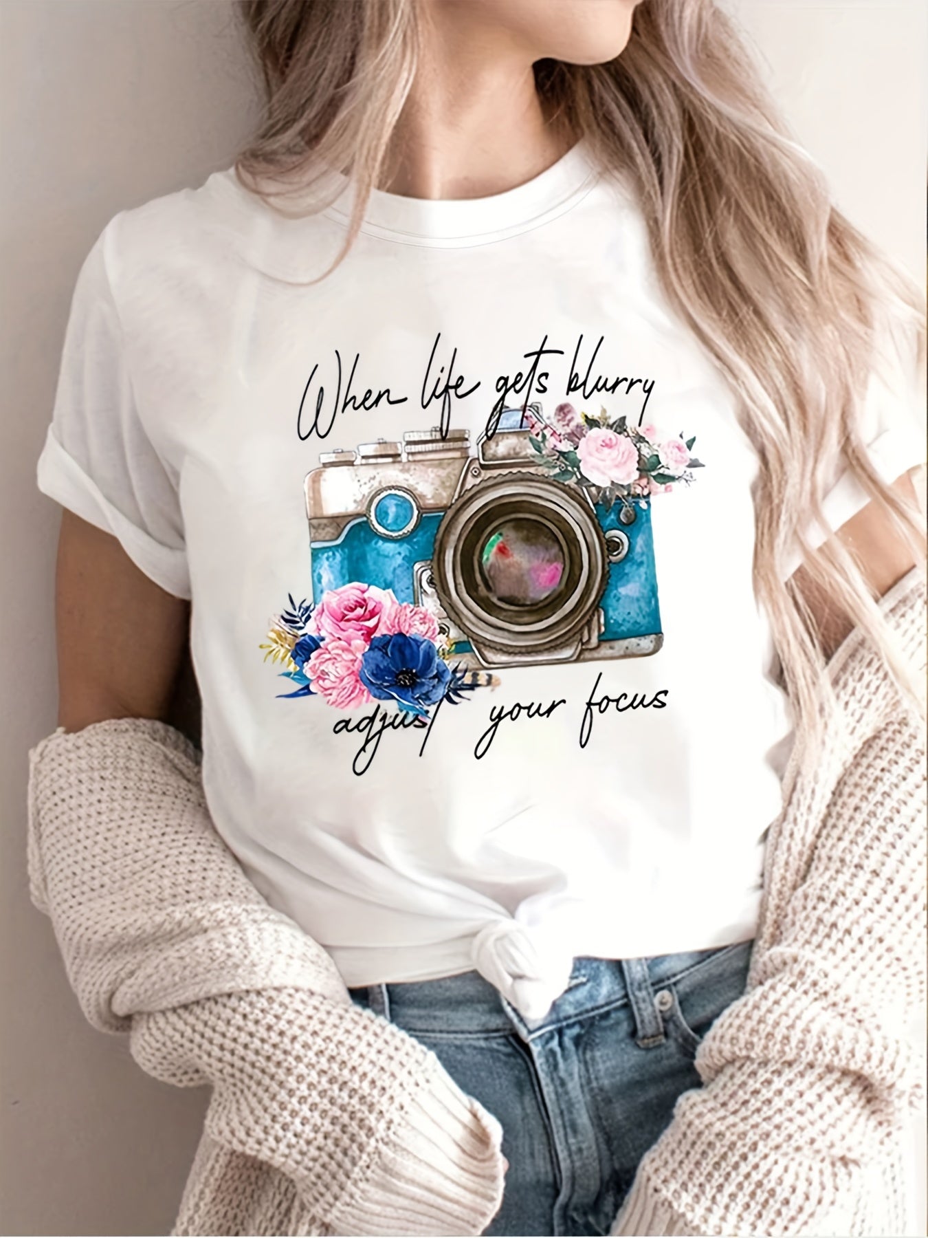 Trendy Flower Camera Print Womens T-Shirt