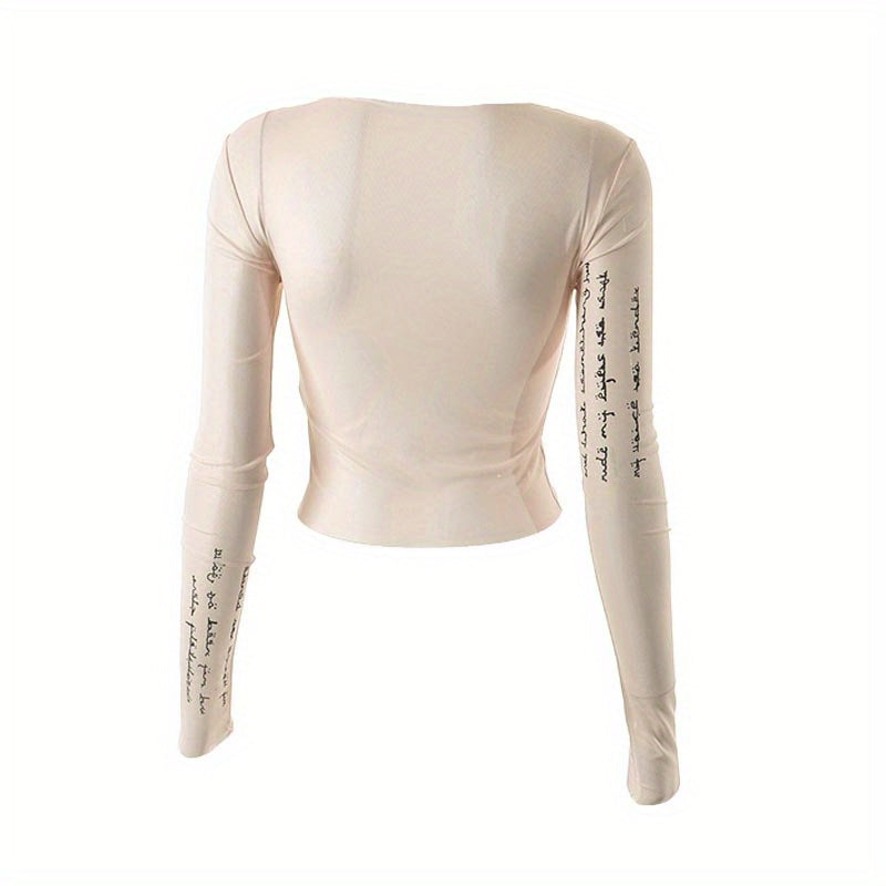 Trendy Letter Print Mesh Top
