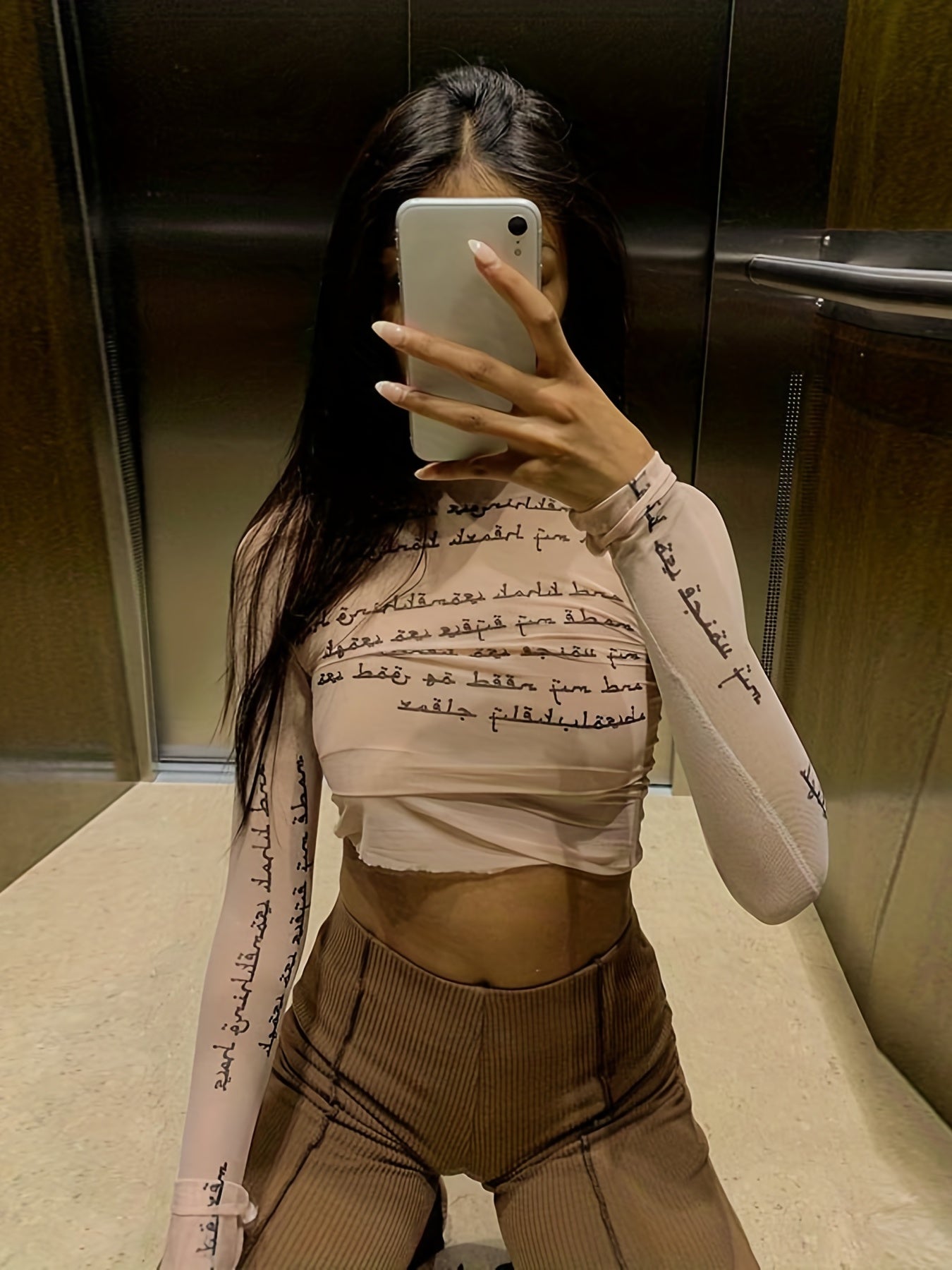 Trendy Letter Print Mesh Top