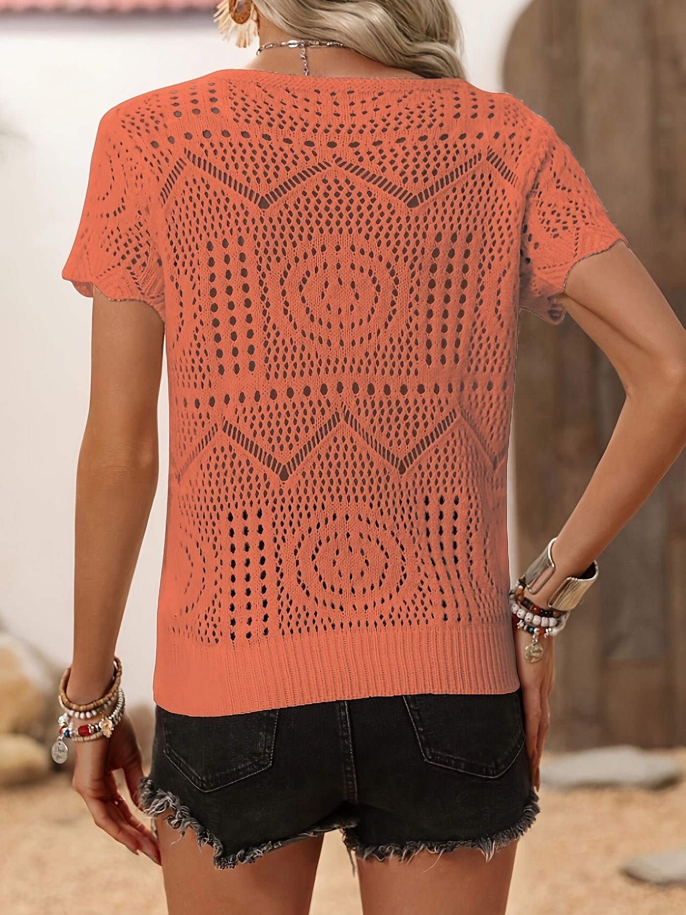 Lightweight Pointelle Knit Womens T-Shirt