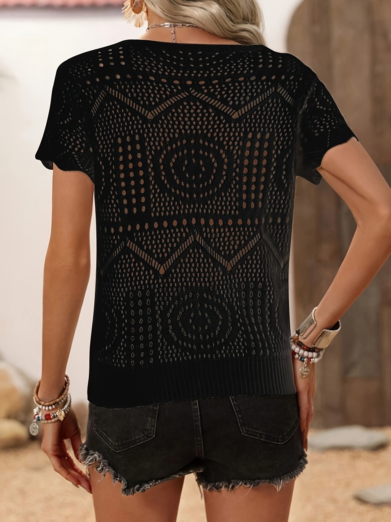 Lightweight Pointelle Knit Womens T-Shirt