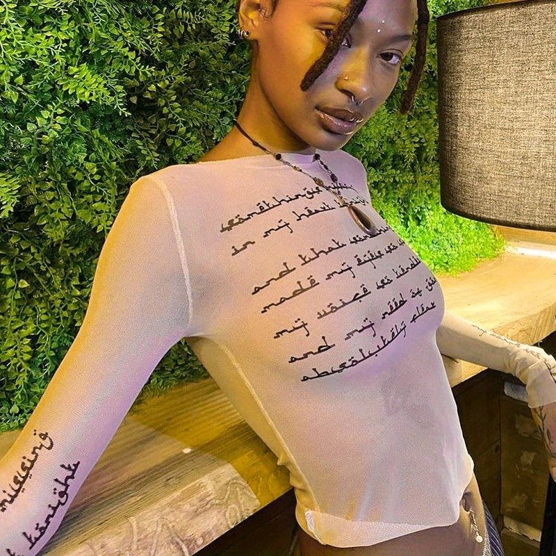 Trendy Letter Print Mesh Top