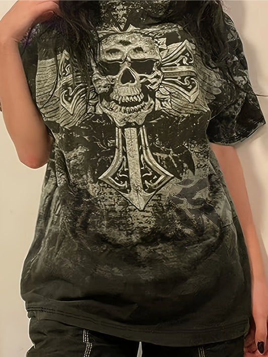 Retro Y2K Skull Print Womens T-Shirt