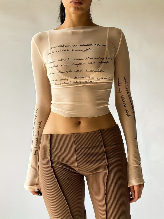 Trendy Letter Print Mesh Top