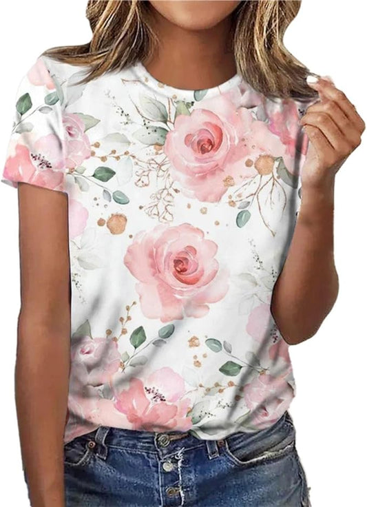 Women's Tunic Tops for Casual Flower Print Short Sleeve Crewneck T Shirt