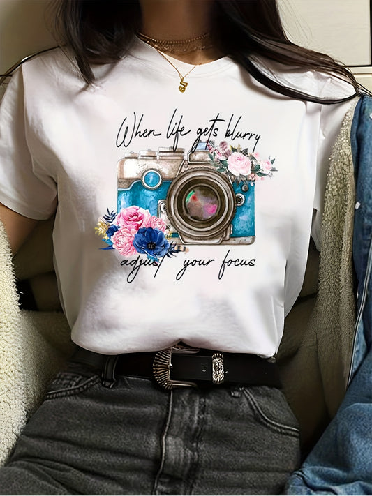 Trendy Flower Camera Print Womens T-Shirt